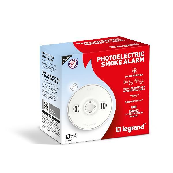 Legrand Smoke Alarm RF Wireless Mains Powered 10 Year Lithium Battery ...