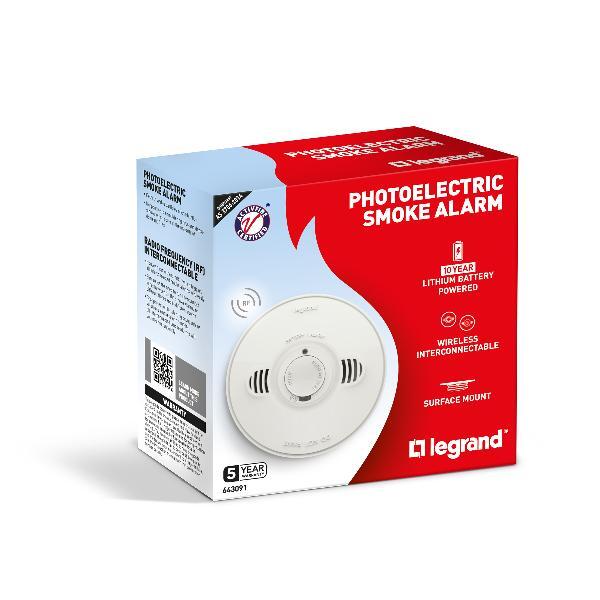 Legrand Smoke Alarm RF Wireless Battery Powered 10 Year Lithium Battery ...